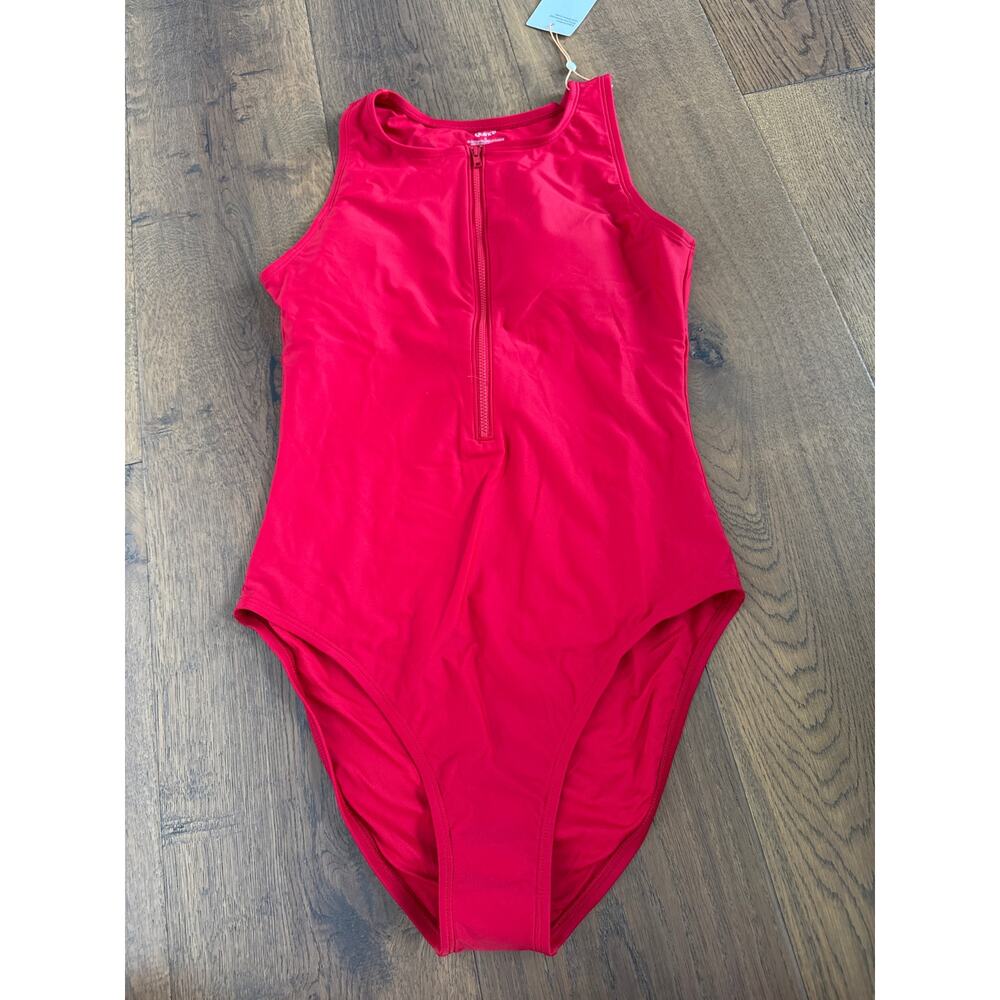 Quince Italian Zip Front High Neck One Piece Swimsuit Bright Red Womens M NWT